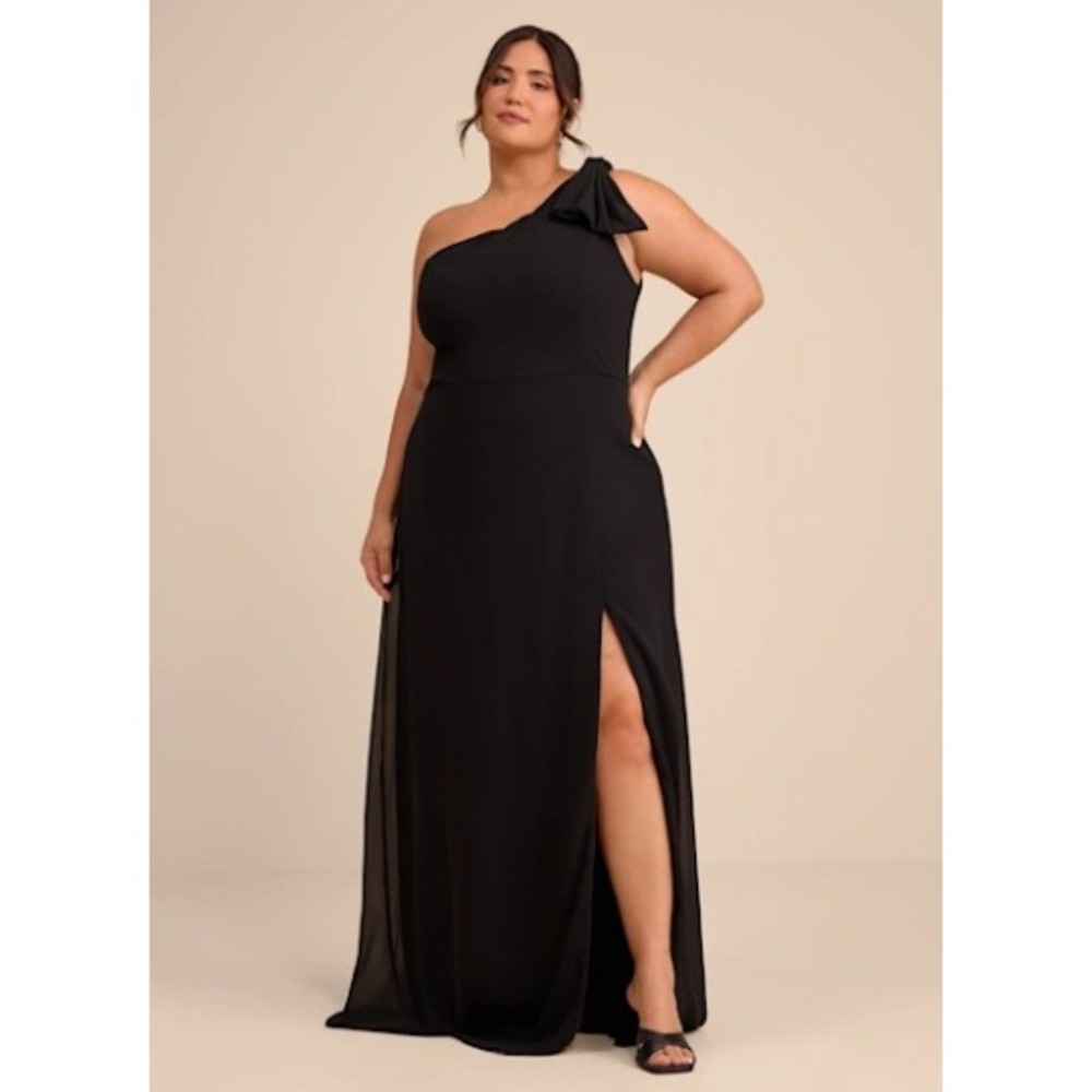 NEW Lulus One Shoulder Maxi Dress Plus Size 3X Black Bow Slit Formal Gown